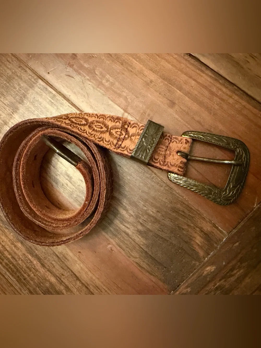 Vintage Jim Penney Embossed Brown Leather Kids Cowhide Western Belt - 26